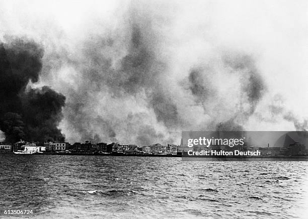 The destruction of Smyrna, now Izmir, in September 1922. The Turks finally succeeded in driving the Greeks from Asia Minor.