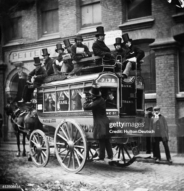 Travel in the Sixties. Standing room only on a London 'Knifeboard' omnibus.