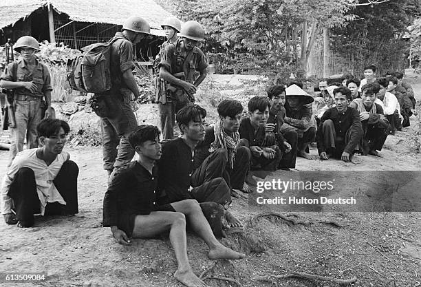 Troops of a Vietnamese division guard Viet Cong prisoners captured during recent drive against the insurgents.