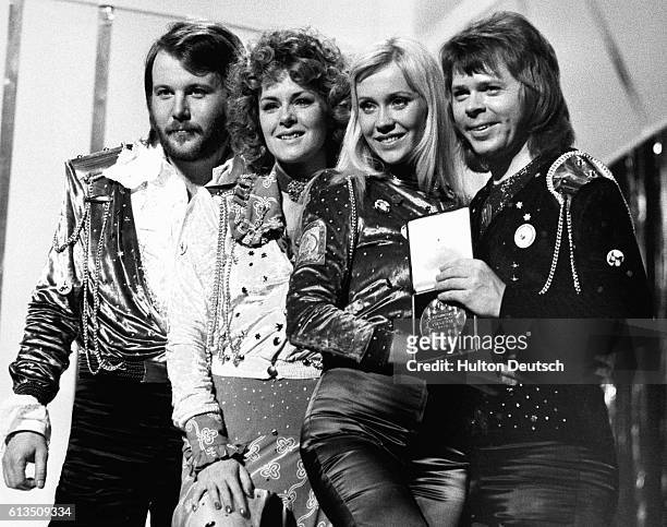 Swedish pop group Abba with the first prize they won with their song Waterloo at the Eurovision Song Contest in Brighton.