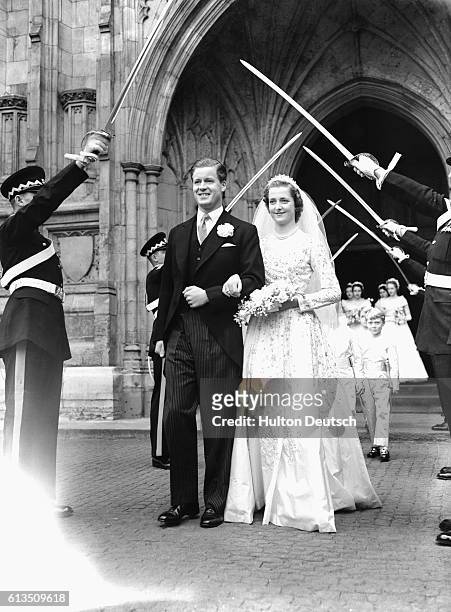 The marriage at Westminster Abbey of Earl Spencer, Viscount Althorp, to Frances Roche, 1954. Their daughter Lady Diana Spencer became Princess of...