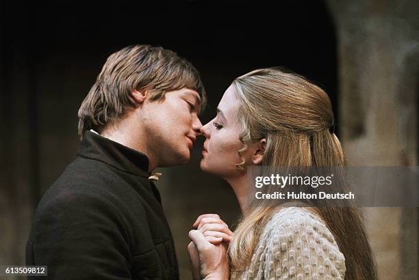 Actor Simon Ward and actress Sinead Cusack in Shakespeare's Romeo and Juliet at the Shaw Theatre, 1976.