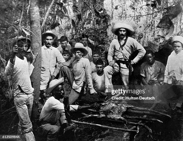 Cuban fighters in the war for independence from Spain roast a pig during a break in the fighting. Their rebellion, a three-year struggle, sparked the...