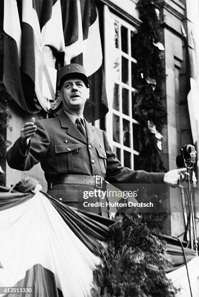 Speaking from the balcony of the town hall in Strasbourg, General Charles de Gaulle urges the people of France to call a truce in their political...