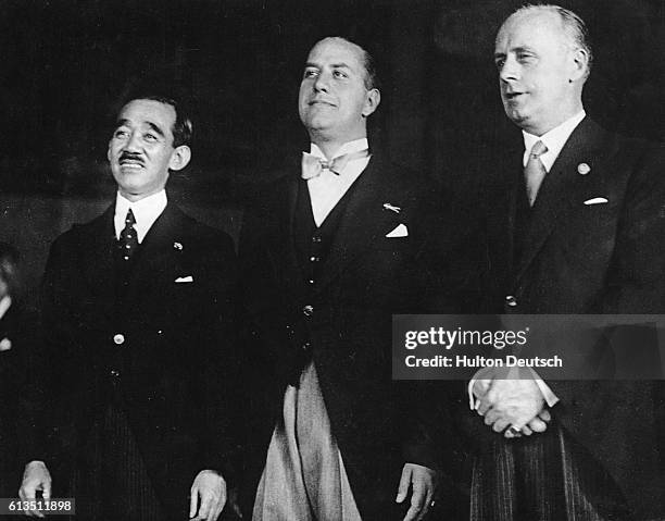 Joachim von Ribbentrop, German ambassador to London and Foreign Minister; Count Galeazzo Ciano; and the Japanese ambassador to Germany in Rome after...