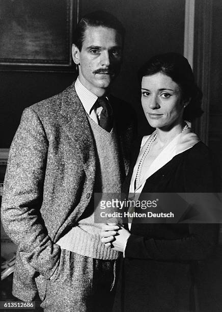 English actor Jeremy Irons with actress Diana Quick, 1979. Irons and Quick are appearing together in the TV series 'Brideshead Revisited'