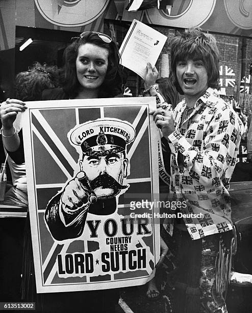 The pop star and politician Screaming Lord Sutch with Victoria Hay, daughter of a former Tory minister, holding the manifesto of his Young Ideas...