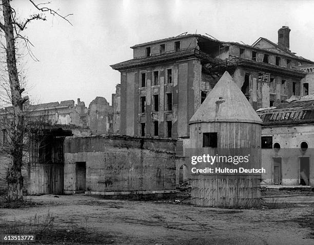 The crumbling facade of the Chancellory Building in Berlin sits atop the air raid shelter which is the site of Adolf Hitler's suicide.