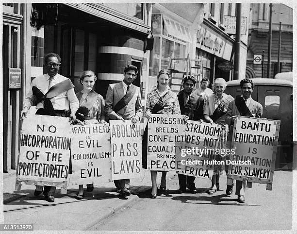 Members of the Movement for Colonial Freedom and the Black Sash Movement march to South Africa House to deliver a memorial to Prime Minister Strijdom...