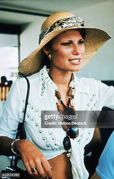 Suzy Hunt , wife of racing driver James Hunt, at the Argentine Grand Prix. Mrs. Hunt would later marry actor Richard Burton.