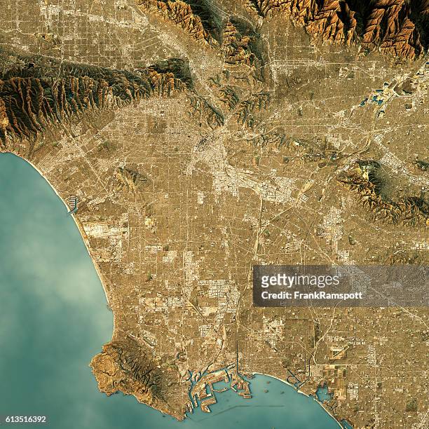 los angeles topographic map natural color top view - pasadena california stock pictures, royalty-free photos & images