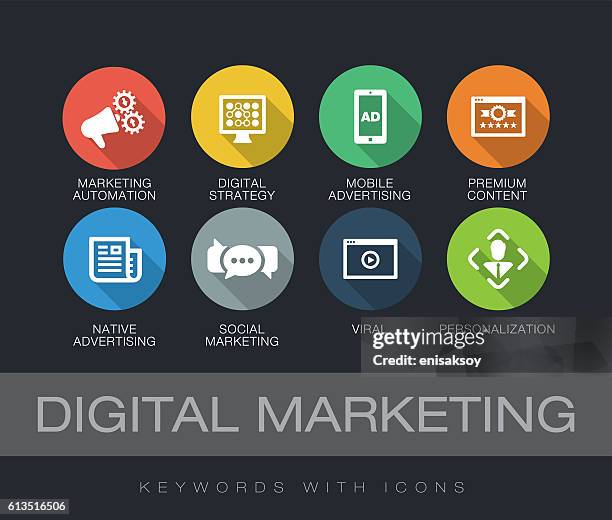 digital marketing keywords mit icons - personalised communication stock-grafiken, -clipart, -cartoons und -symbole