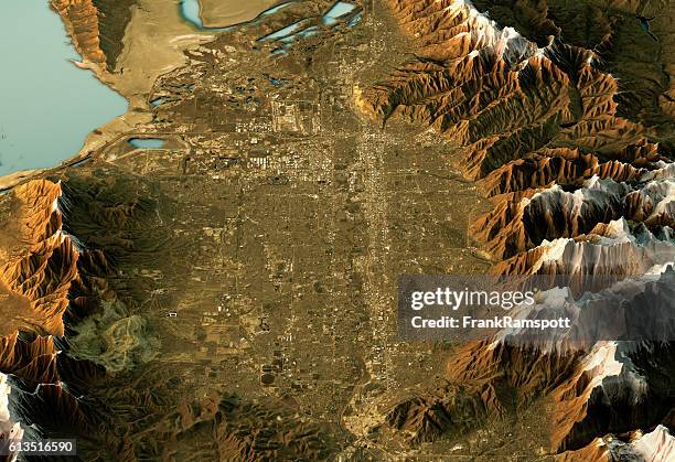 salt lake city 3d landscape view south-north natural color - wasatch mountains stock pictures, royalty-free photos & images