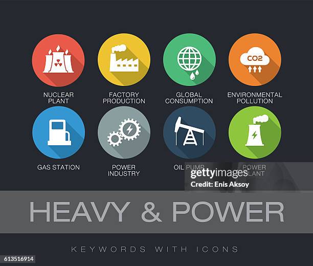 stockillustraties, clipart, cartoons en iconen met heavy and power keywords with icons - nuclear power station