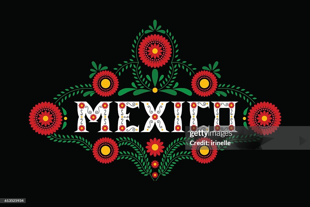 Vector Tipográfico De México Adorno De Flores Mexicanas Sobre Fondo Negro  Ilustración de stock - Getty Images