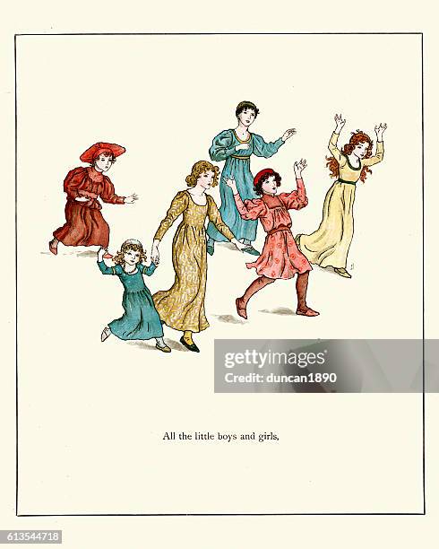 children rushing to hear the music of the pied piper - pied piper stock illustrations