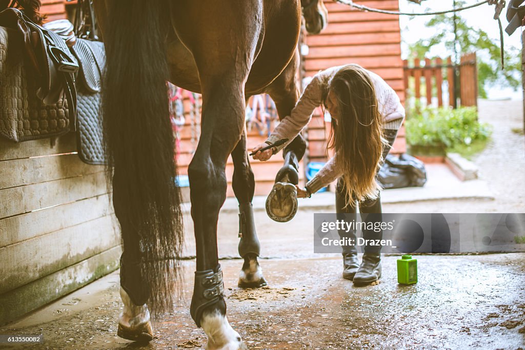 Reiterputz Hufeisen vor dem Dressurtraining im Stall