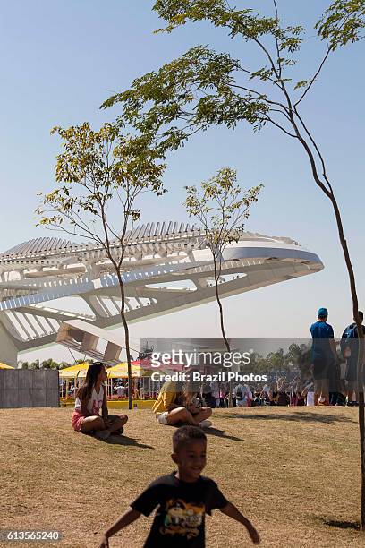 People enjoy the sunny day at Pier Maua next to the revitalized Praca Maua in Rio de Janeiro downtown, Brazil, a former degraded area of urban...