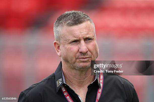 Mark Jones coach of the Jets during the round one A-League match between the Newcastle Jets and Adelaide United at Hunter Stadium on October 9, 2016...