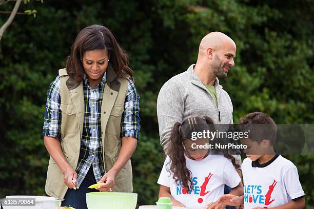 On Thursday, Oct. 6, First Lady Michelle Obama prepares ingredietns from her final Fall Harvest, with students from across the country that currently...