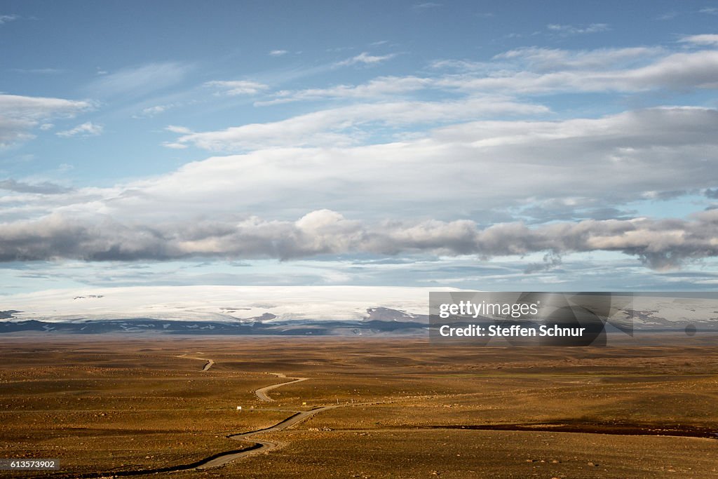 Long highland road - arial view Iceland