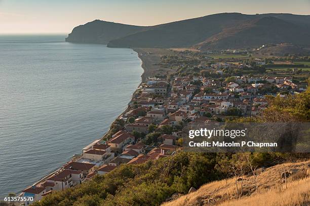 seaside resort of skala eresos (skala eresou), lesvos. eressos is the birthplace of the poet sappho - lesbos stockfoto's en -beelden