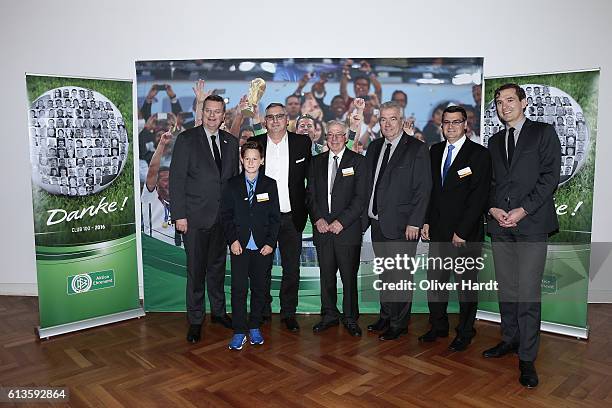 Reinhard Grindel poses with members of the Football Association of Saarland during Club 100 & Fair Ist Mehr - Awarding Ceremony at Curio Haus on...