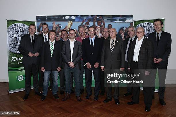 Reinhard Grindel poses with members of the Football Association of Wuerttemberg during Club 100 & Fair Ist Mehr - Awarding Ceremony at Curio Haus on...