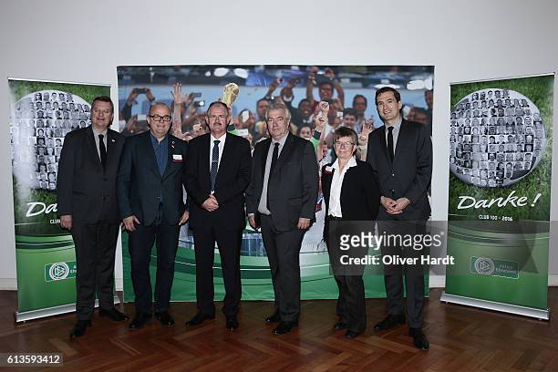 Reinhard Grindel poses with members of the Football Association of Berlin during Club 100 & Fair Ist Mehr - Awarding Ceremony at Curio Haus on...