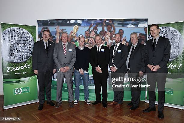 Reinhard Grindel poses with members of the Football Association of Schleswig Holstein during Club 100 & Fair Ist Mehr - Awarding Ceremony at Curio...
