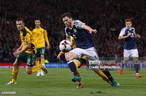 Andy Robertson of Scotland controls the ball during the FIFA 2018 World Cup Qualifier between Scotland and Lithuania at Hampden Park on October 8,...