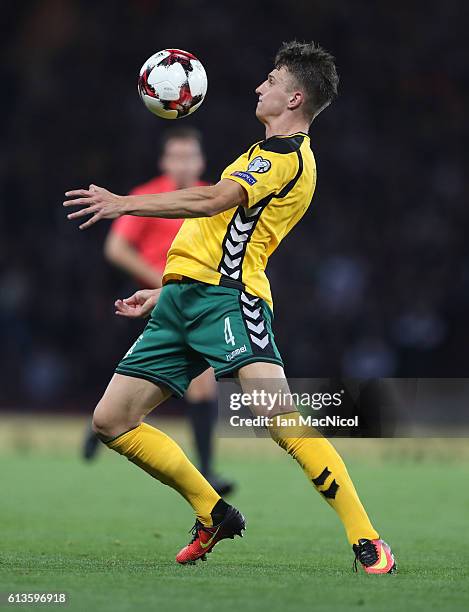 Edvinas Girdvainis of Lithuania controls the ball during the FIFA 2018 World Cup Qualifier between Scotland and Lithuania at Hampden Park on October...