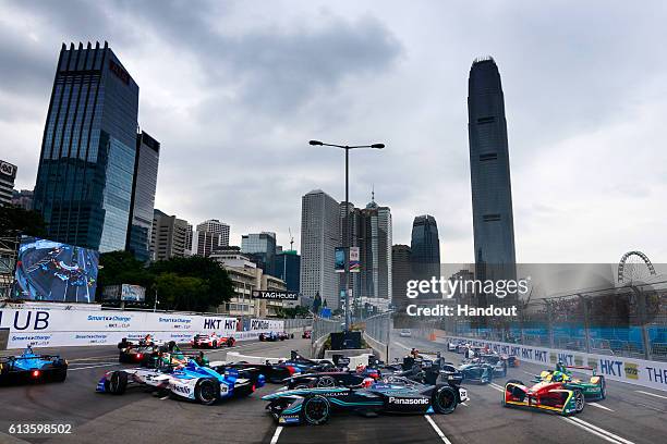 In this handout photo provided by Jaguar Racing, Mitch Evans of New Zealand driving the Panasonic Jaguar Racing car at the start of the race during...