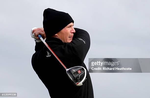 Lasse Jensen of Denmark plays off the 12th tee during the final round of the Alfred Dunhill Links Championship at The Old Course on October 9, 2016...