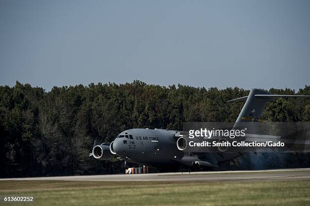 Air Force C-17 Globemaster III lands on the flightline at Fort Campbell, Kentucky, October 6, 2016. Joint Base Charleston C-17 Globemaster III's...