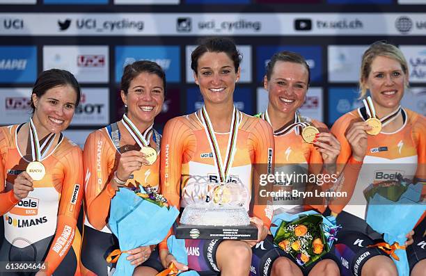 Lizzie Deignan of Great Britain celebrates with her Boels Dolmans team mates after winning the Women's Team Time Trial on day one of the 2016 UCI...