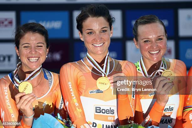 Lizzie Deignan of Great Britain celebrates with her Boels Dolmans team mates after winning the Women's Team Time Trial on day one of the 2016 UCI...