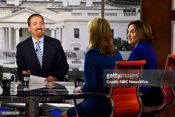 Pictured: Moderator Chuck Todd, Sara Fagen, Contributor, CNBC, and Ruth Marcus, Columnist, Washington Post, appear on "Meet the Press" in Washington,...