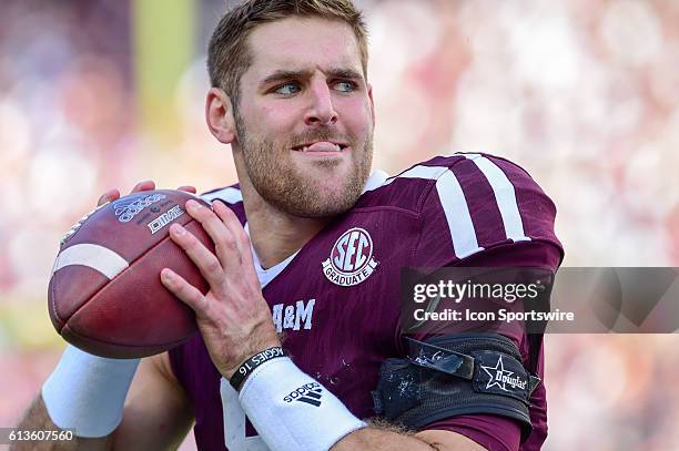Texas A&M Aggies quarterback Trevor Knight warms up during the Tennessee Volunteers vs Texas A&M Aggies game at Kyle Field, College Station, Texas.