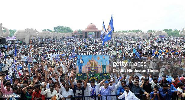Massive crowd gathered during the rally of Bahujan Samaj Party Supremo Mayawati on the tenth death anniversary of BSP Founder Kanshi Ram at Kanshi...