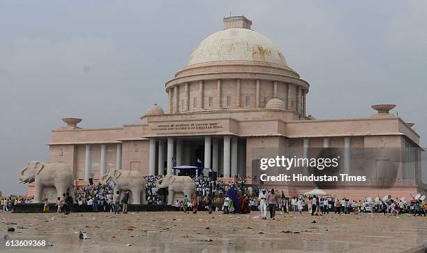 Scene of rally venue which was littered by the crowd gathered during the rally of Bahujan Samaj Party Supremo Mayawati on the tenth death anniversary...