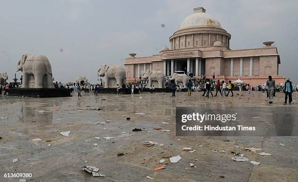 Scene of rally venue which was littered by the crowd gathered during the rally of Bahujan Samaj Party Supremo Mayawati on the tenth death anniversary...