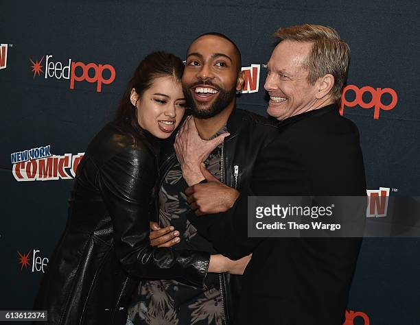 Amber Midthunder, Jeremie Harris, and Bill Irwin attend the FX Network's "Legion" Press Room during 2016 New York Comic Con at The Javits Center on...