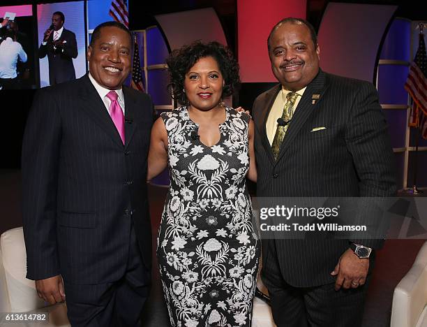 Larry Elder, Moderator Tara Wall and Roland Martin attend the Inform Your Vote President Election Debate at The Tabernacle on October 8, 2016 in...