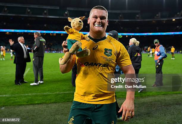 Tom Robertson of Australia celebrates with the Wallaby mascot following his side's victory the Rugby Championship match between Argentina and...