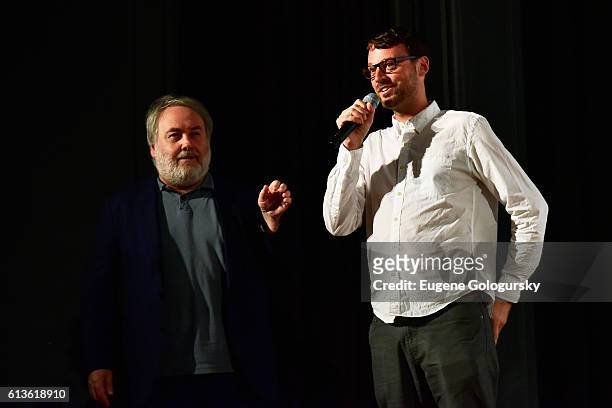 David Nugent speaks onstage with David Edelstein at the Conversation With: Edward Norton during the Hamptons International Film Festival 2016 at East...