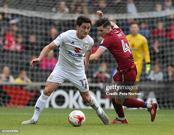 George B Williams of Milton Keynes Dons controls the ball under pressure from Sam Hart of Port Vale during the Sky Bet League One match between...