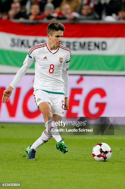 Adam Nagy of Hungary passes the ball during the FIFA 2018 World Cup Qualifier match between Hungary and Switzerland at Groupama Arena on October 7,...