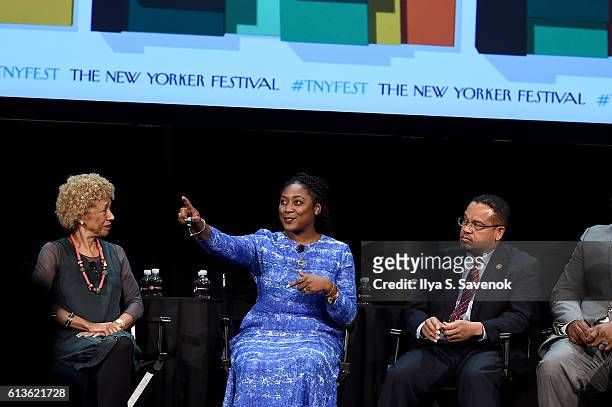 Margo Jefferson, Alicia Garza and Congressman Keith Ellison speak on stage during "A More Perfect Union: Obama and The Racial Divide," featuring...