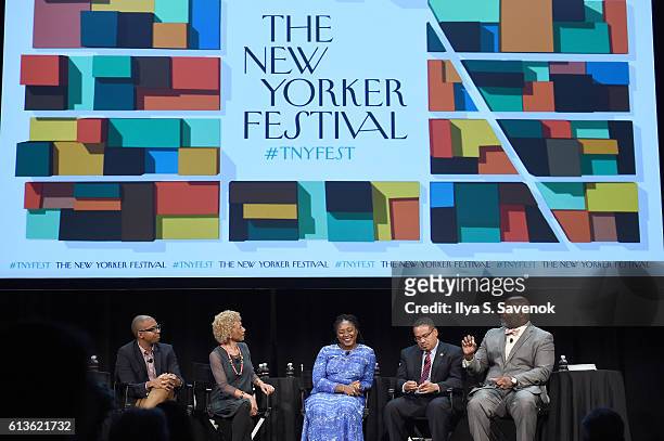 Khalil Gibran Muhammad, Margo Jefferson, Alicia Garza and Congressman Keith Ellison speak during "A More Perfect Union: Obama and The Racial Divide,"...